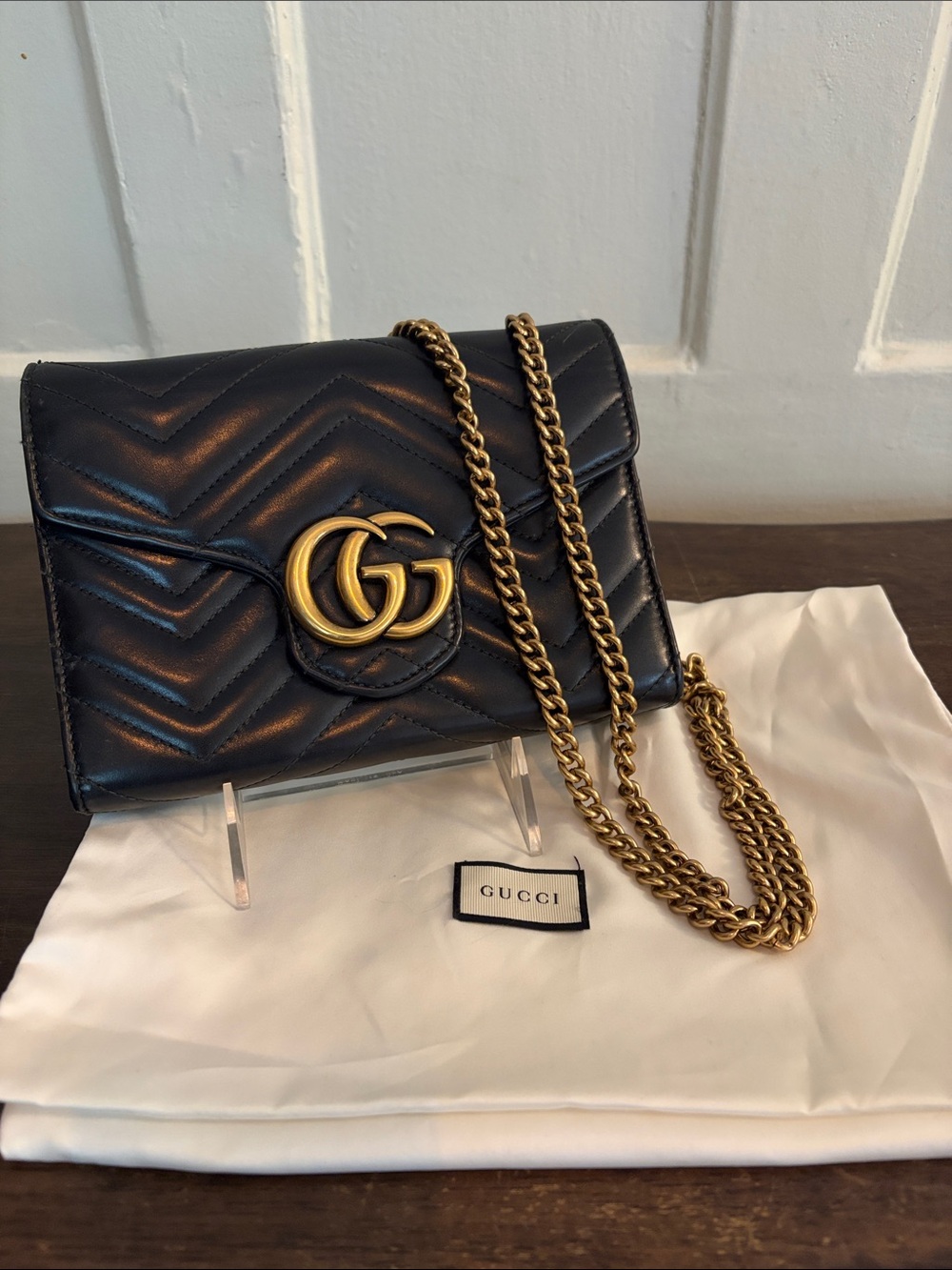 Gucci Black Matelassé Leather Marmont Wallet on Chain crossbody